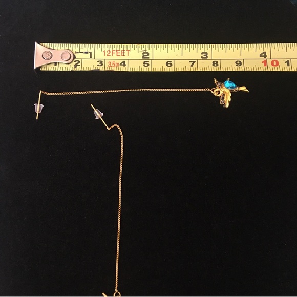 Hummingbird Blue Stone Gold Tone Long Dangle Earrings - Picture 6 of 7